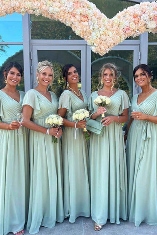 Cheap V-Neck Sage Green Bridesmaid Dress