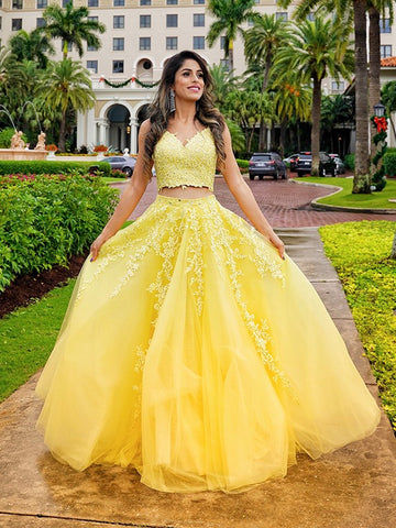 Two Piece Yellow Lace Prom Dresses A-Line