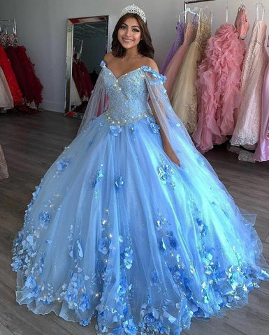 Lace Sweet 16 Dress Blue Vestido De 15 Anos Dress With Cape