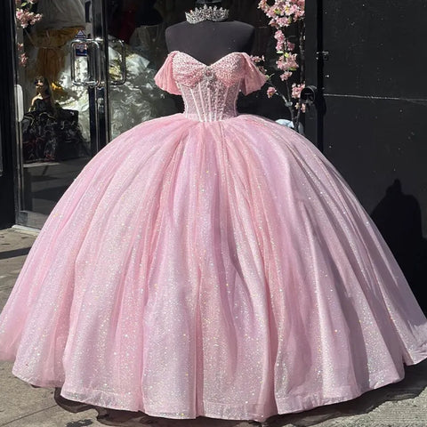 Glitter Pearls Pink Quinceanera Dresses