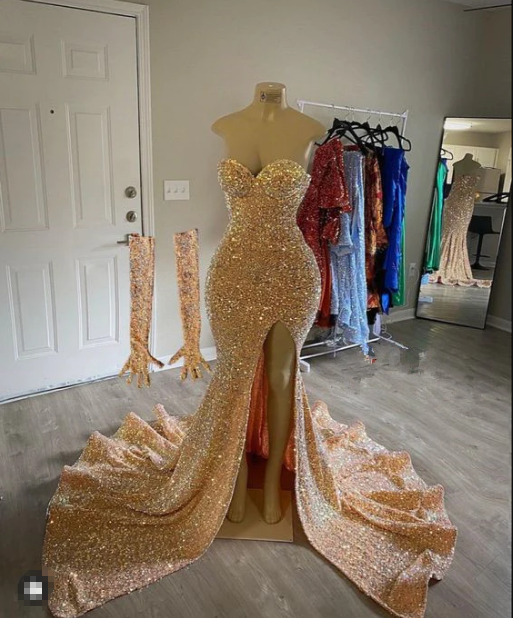 Sexy Gold Sequins Prom Dress Mermaid Long Black Girl Evening Formal Dr ...