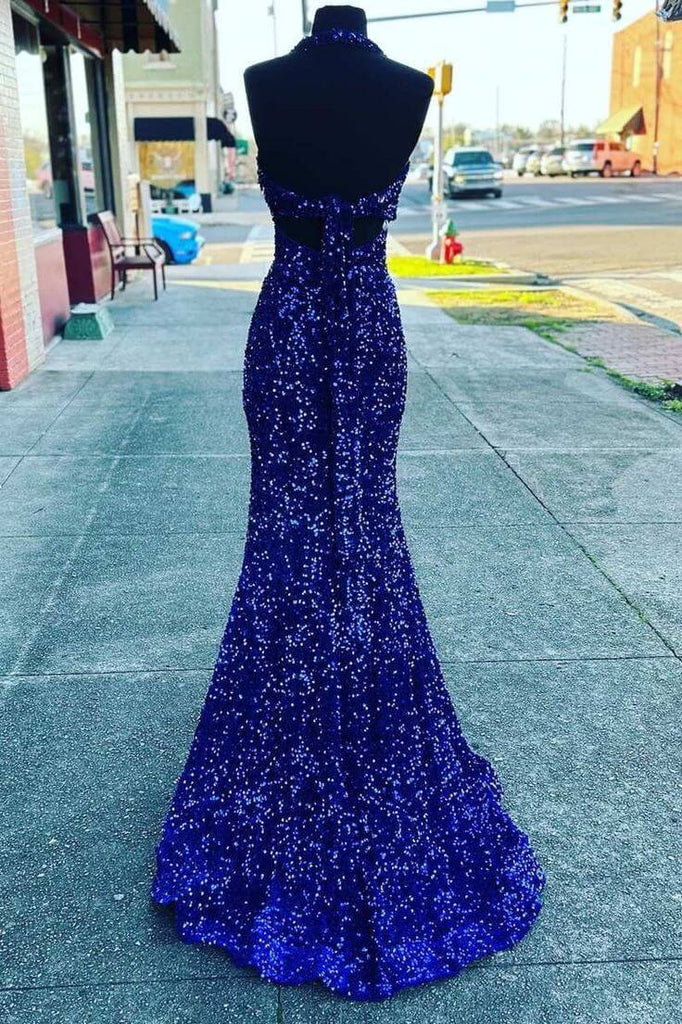 Halter Royal Blue Sequin Evening Dresses UK Long Prom Dress Mermaid Sl ...