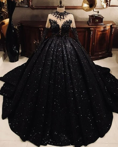 Black Sequin Wedding Dresses Long Sleeves