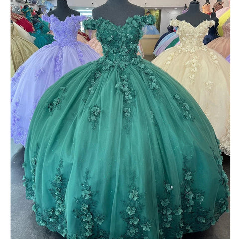 Emerald Green Quinceanera Dresses flowers