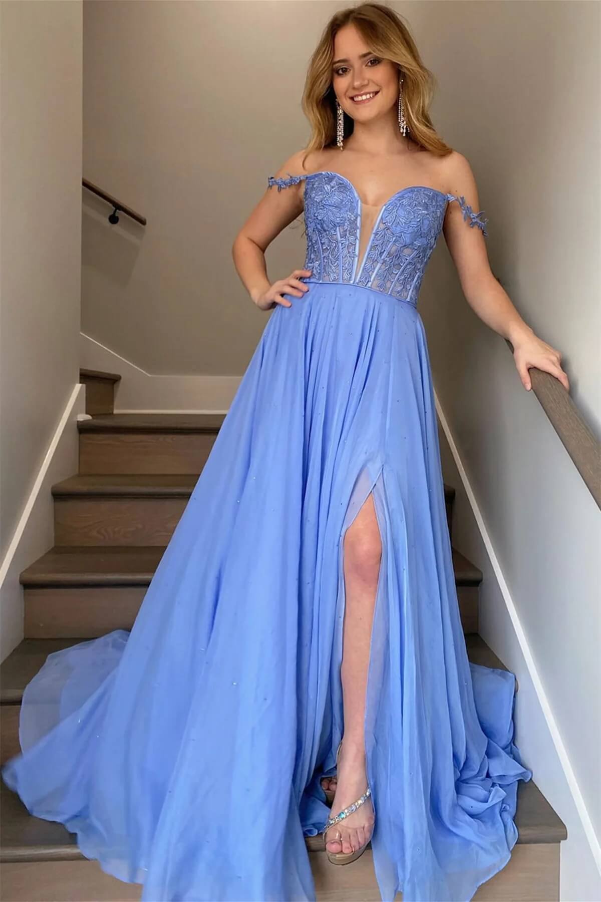 Long Prom Dresses Blue Lace Off Shoulder Evening Dress with Slit ...