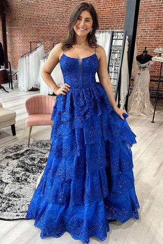 Long Royal Blue Tiered Prom Dress