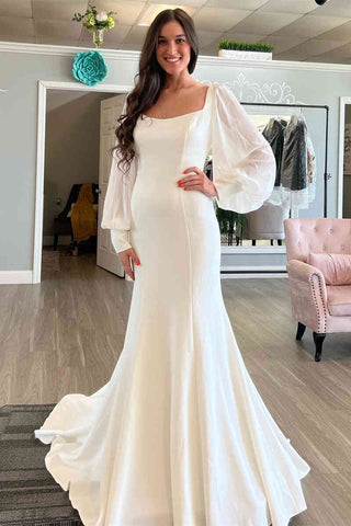 Ivory Puffy Long Sleeves Wedding Dress