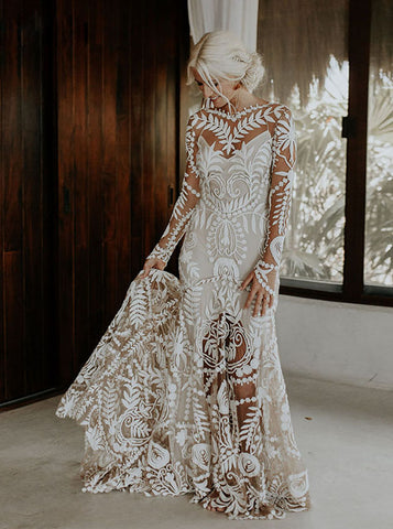 Modest Boho Wedding Dresses Champagne Lace