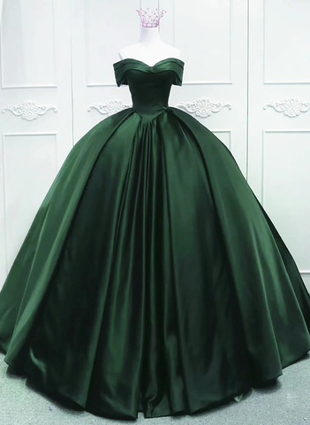 Off The Shoulder Ball Gown Green Satin Quinceanera Dresses