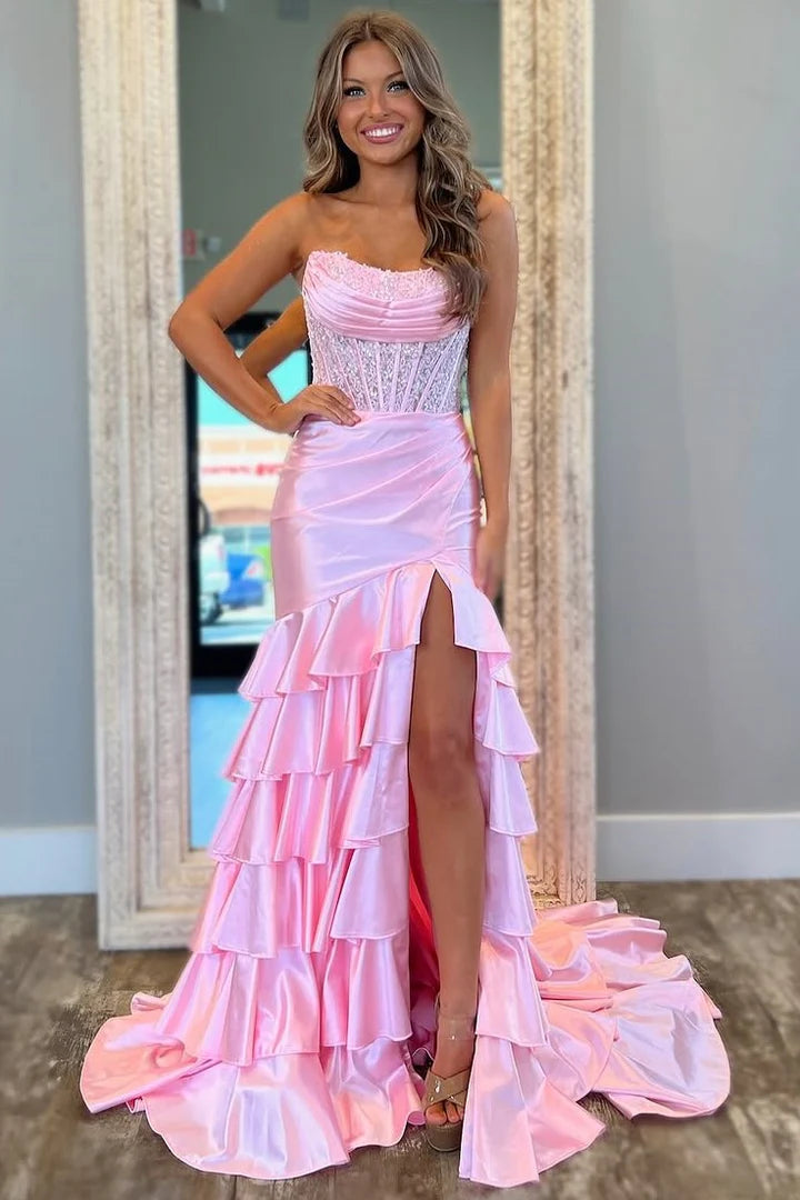 Tiered Light Pink Prom Dress Lace Applique Ruffle Strapless