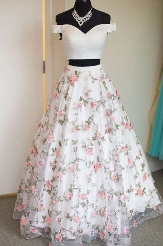 White Two Piece Print Floral Prom Dresses