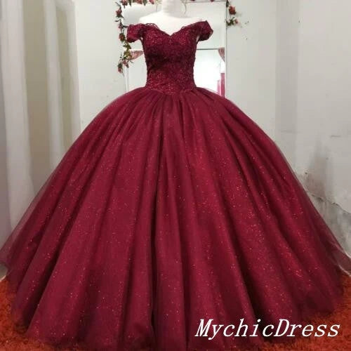 Hot Burgundy Ball Gown Sequin Lace Quince Dresses