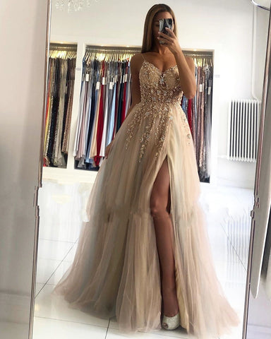 A Line Champagne Prom Dress V Neck