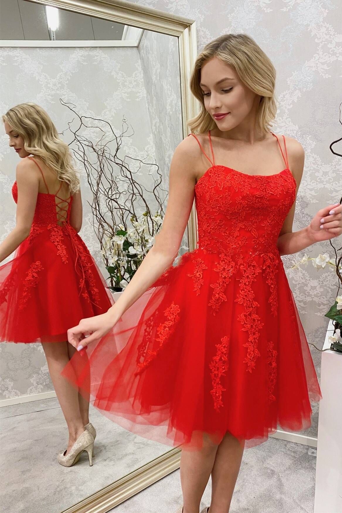 Vestidos de fiesta cortos de encaje rojo