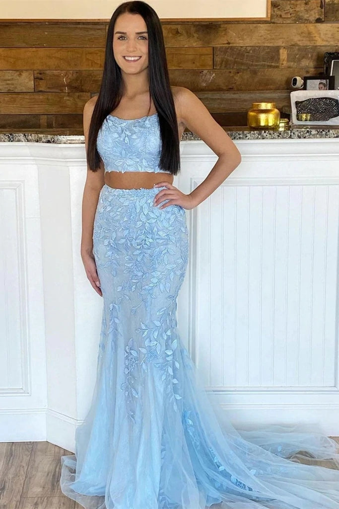 Blue Lace 2 Piece Prom Dresses 2023