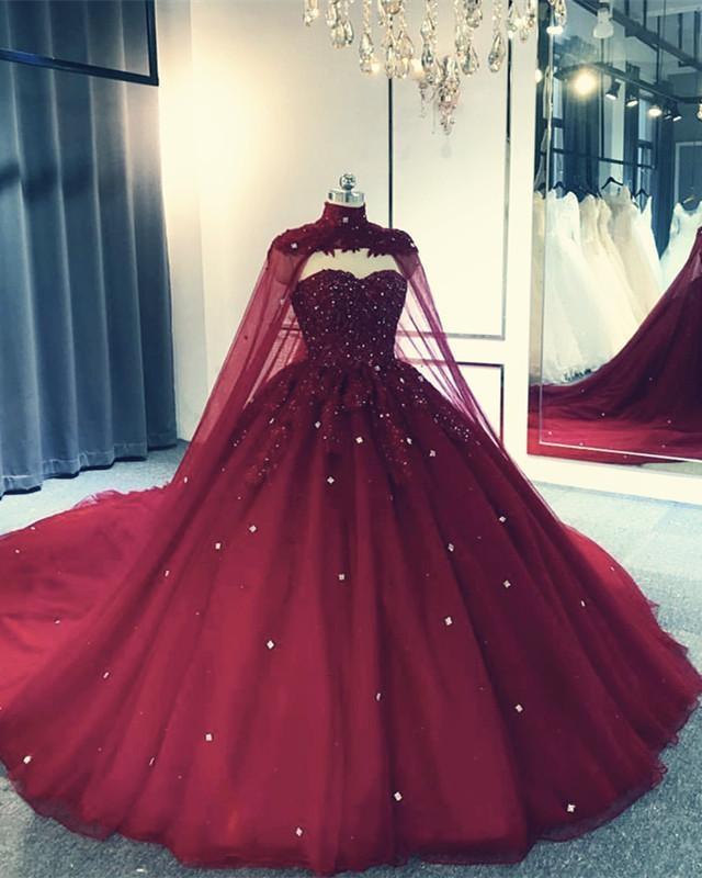 Burgundy Quinceanera Dresses Lace With Cape