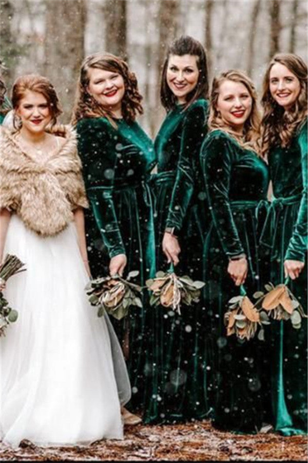 Long Sleeves Green Bridesmaid Dresses Velvet 