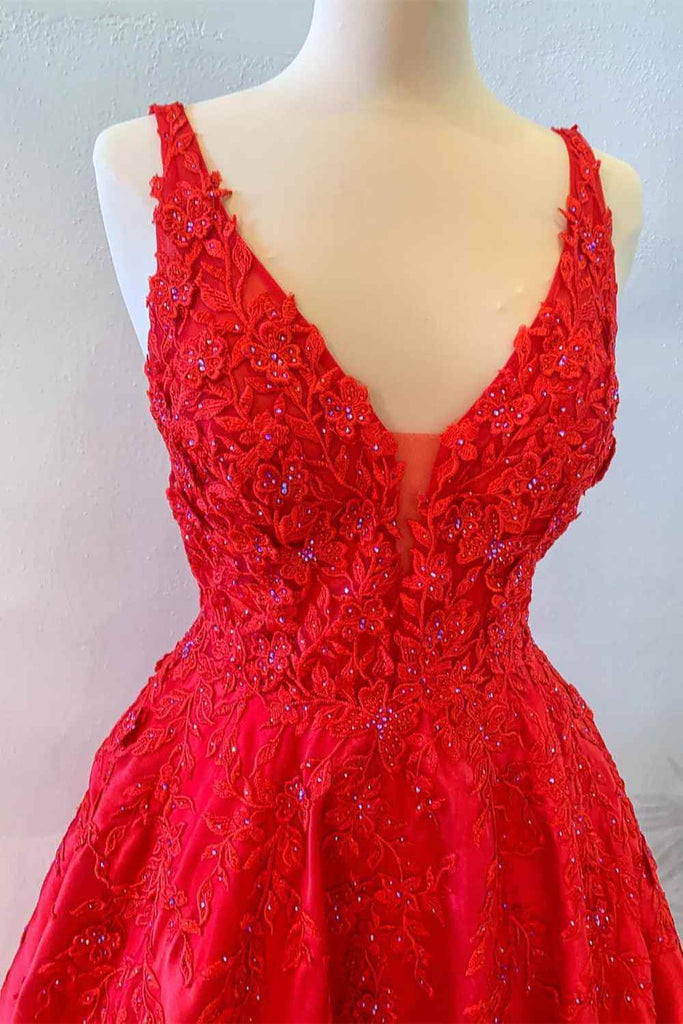 A-Line Floor Length Princess Red Long Formal Dresses Lace Floral V Nec ...