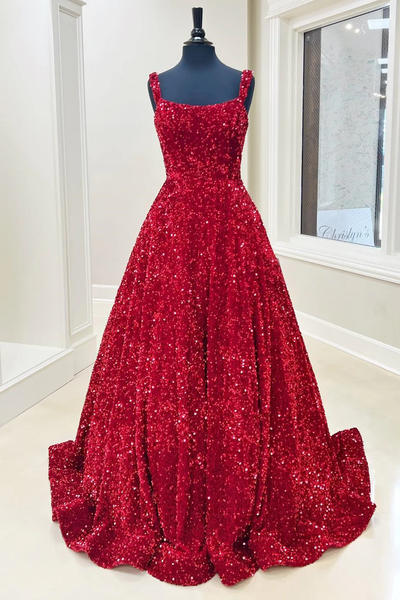 A-Line Red Sequin Quince Dresses