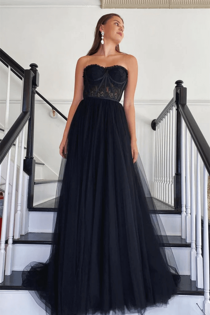 ALineBlackLacePromDressTulleStraplessLongFormalDressesUK 1 