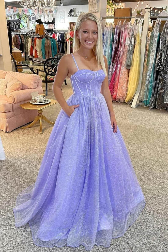 A Line Lilac Shiny Prom Dresses Spaghetti Straps Tulle Long Formal ...