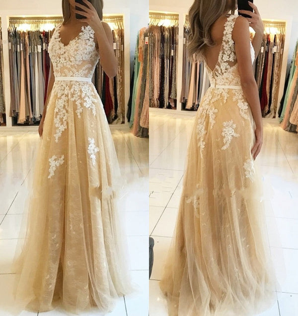 A Line V Neck Lace Champange Prom Dresses Cheap Mychicdress 