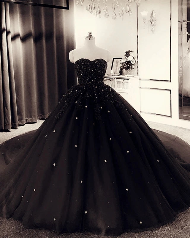 Ball Gown Crystals Black Prom Dresses