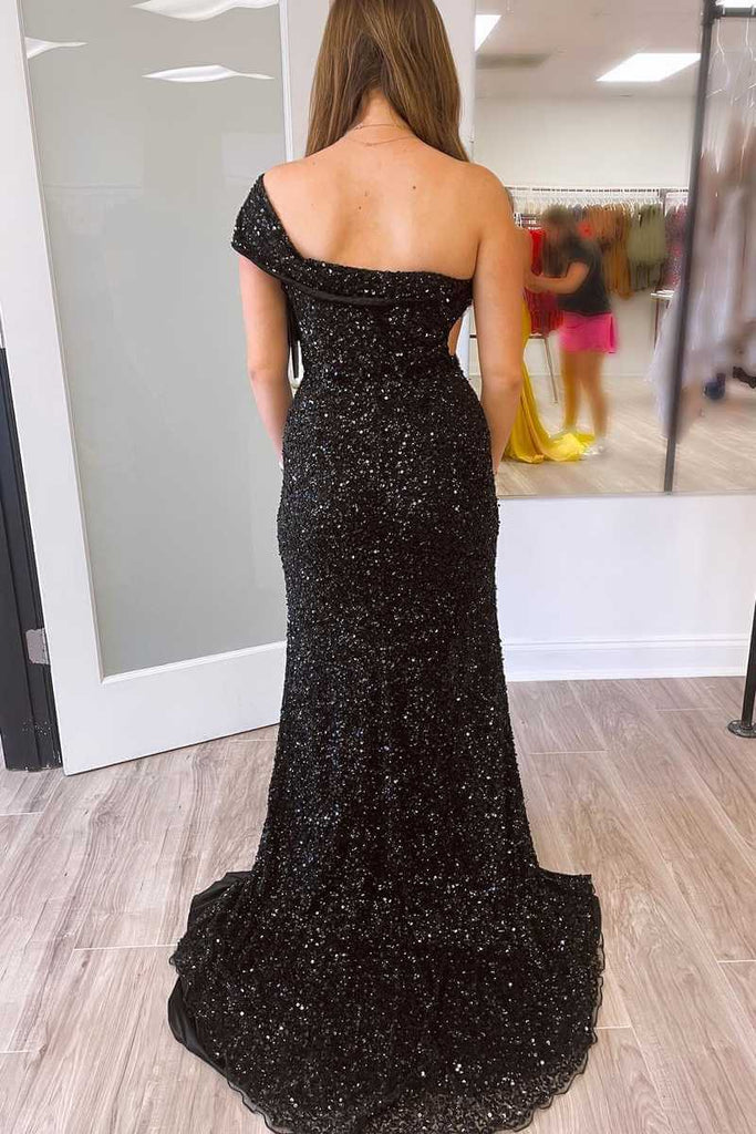 Black Sequin Prom Dresses One Shoulder Long Formal Evening Dresses ...