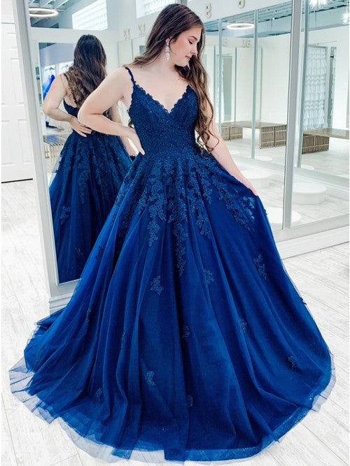 A Line Blue Lace Prom Dresses Long Sleeveless Evening Gown – MyChicDress
