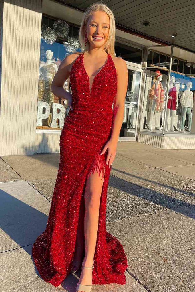 Cheap Red Halter Sequins Prom Dresses Long Formal Gowns with Tassel ...