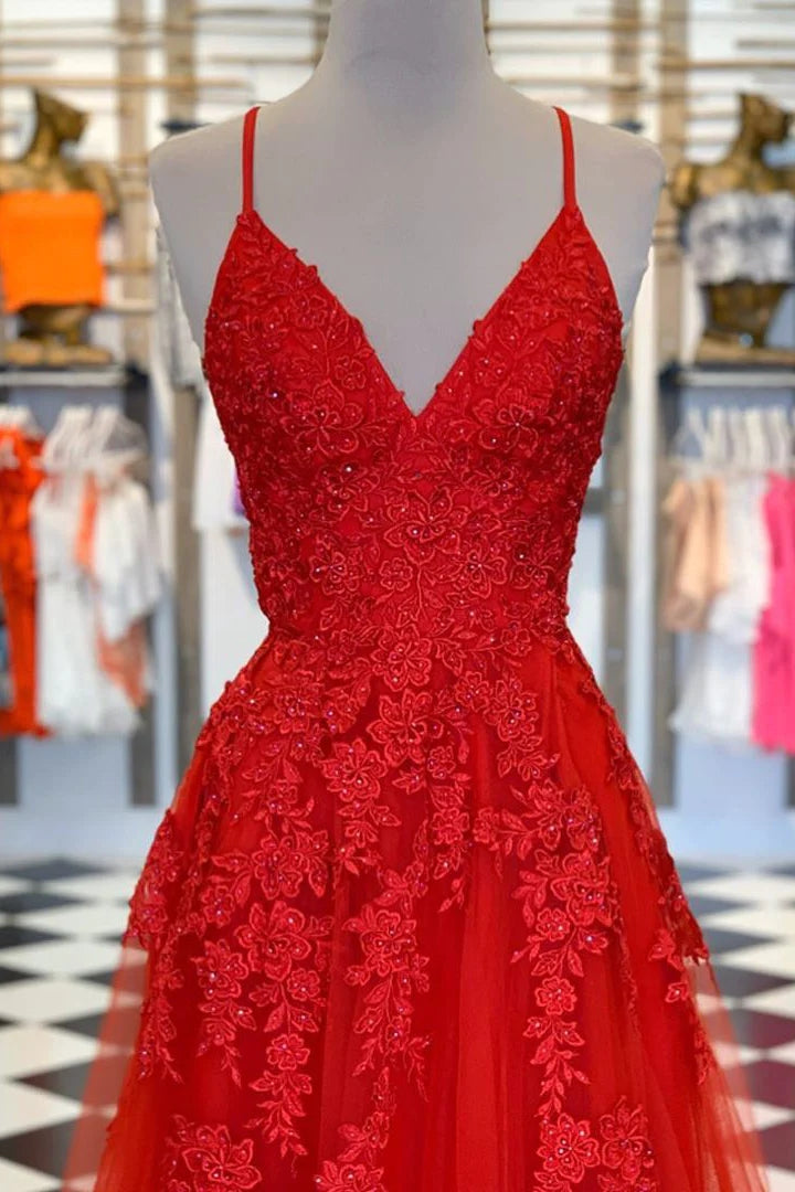Cheap V Neck Red Prom Dresses A-Line Appliqued Long Lace Evening Dress ...