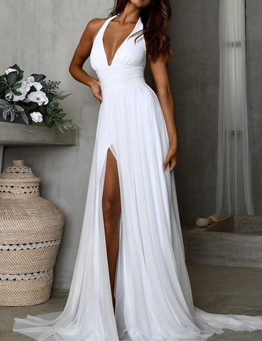 Simple Long Chiffon White Beach Wedding Dresses