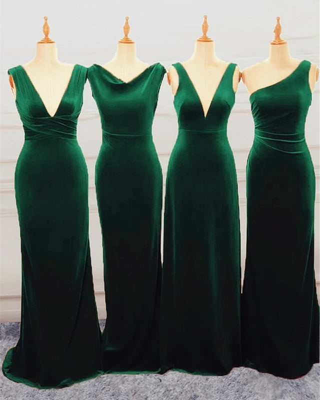 Vestidos de dama de honor de terciopelo verde hasta el suelo