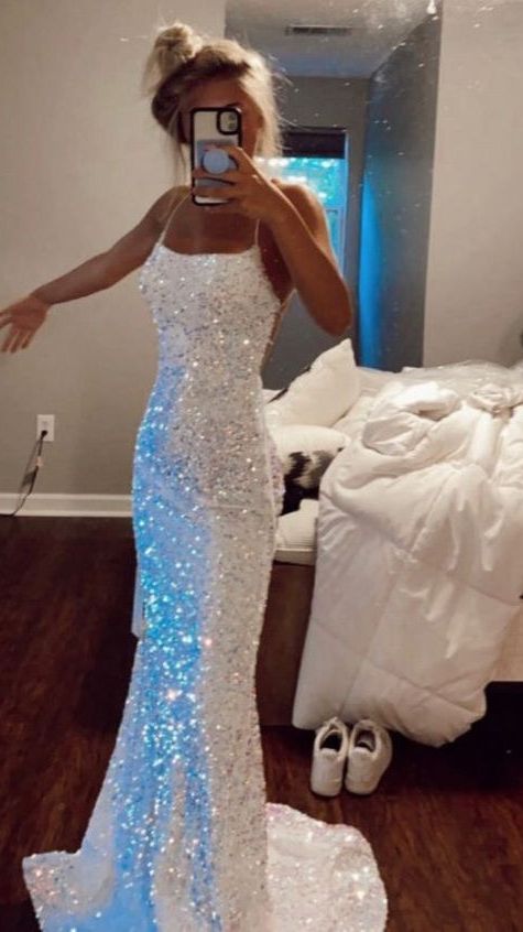 Glitter Mermaid White Iridescent Prom Dress Sequin Sparkly Evening Gow –  MyChicDress