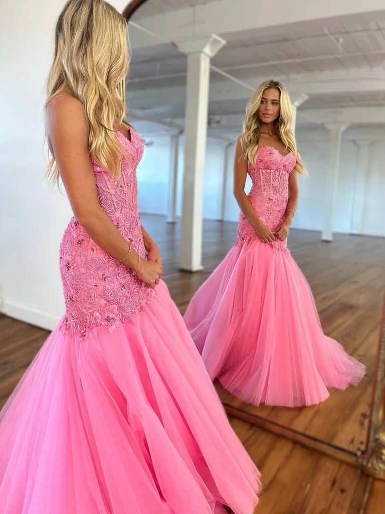 Hot Floral Long Prom Dresses Mermaid Pink Lace Formal Dress Strapless Mychicdress 