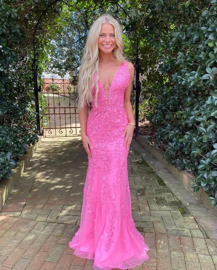 Hot Pink Lace Long Prom Dresses Mermaid V Neck Sexy Evening Dress UK ...