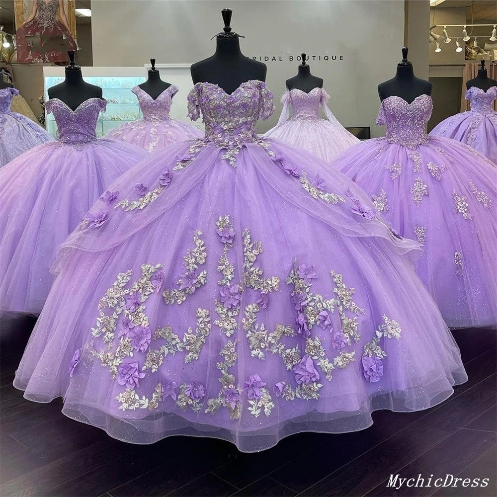 Princess Lace Lavender Quinceanera Dress Ball Gown 3D Flowers Sweet 16 Dress