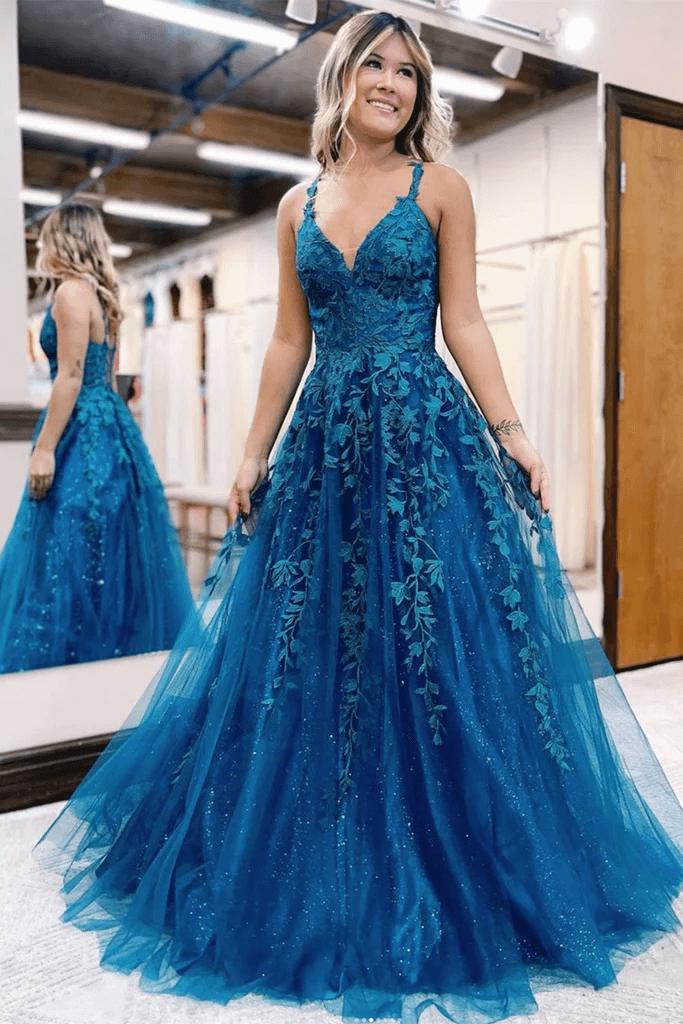 Blue V Neck Lace Prom Dresses