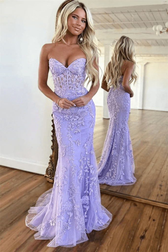 Long Purple Lace Formal Dresses