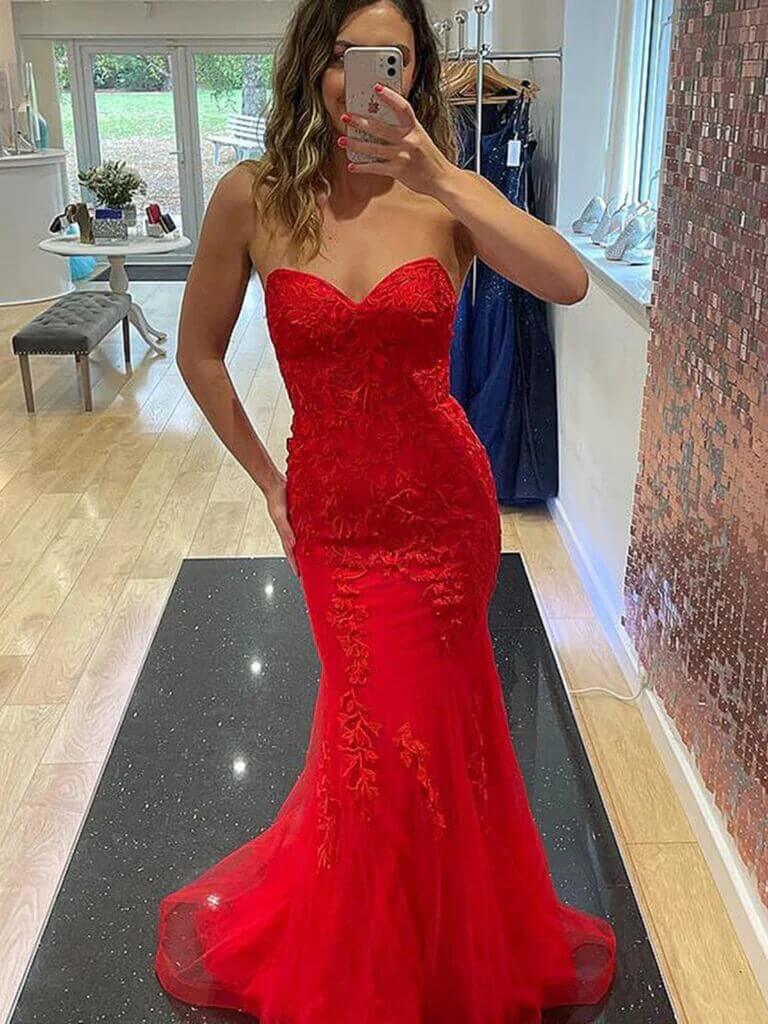 Red Lace Formal Dresses Mermaid