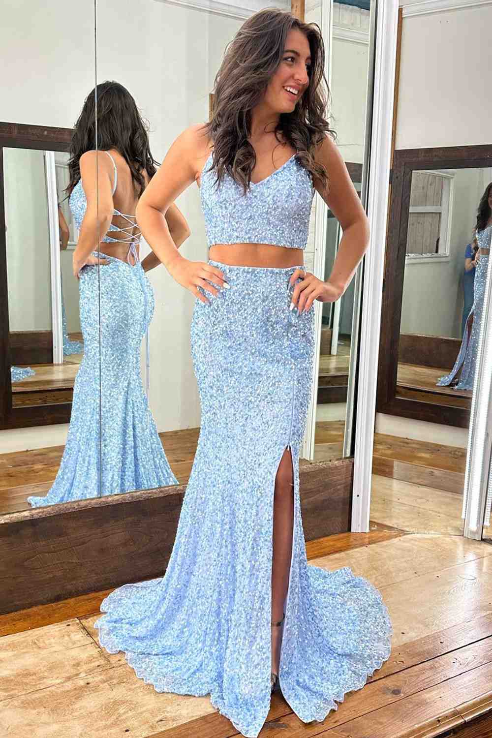 Sequins 2 Piece Prom Dress Light Blue