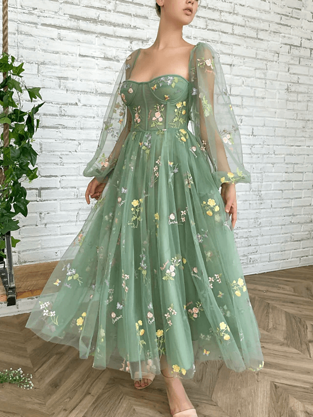 Long Sleeves Light Green Embroidered Wedding Guest Dress