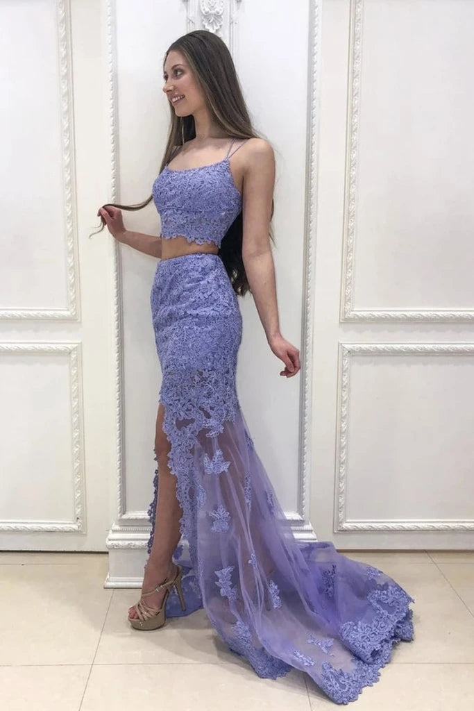 Purple 2 Piece Prom Dresses Lace 2023