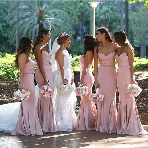 Strapless Blush Pink Satin Bridesmaid Dresses