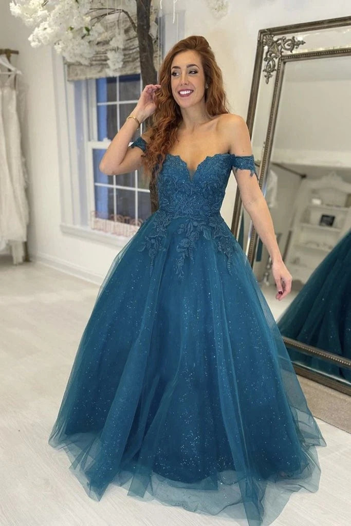 Blue Lace Prom Dresses 2023 Off Shoulder