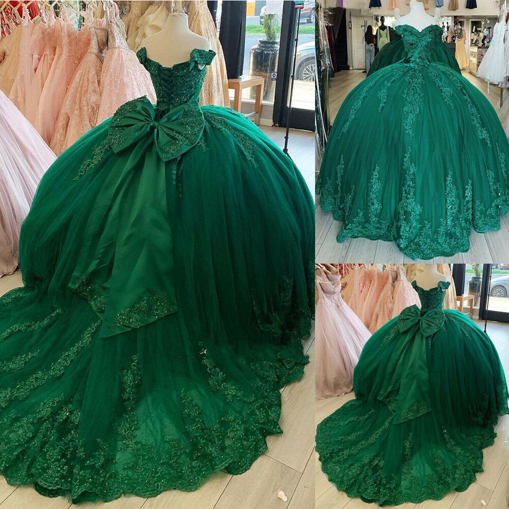 Off Shoulder Lace Tulle Quinceanera Dresses Dark Green Applique Cheap ...