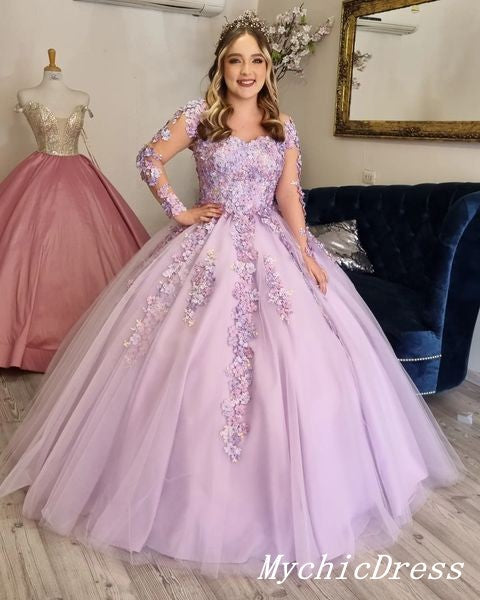 Lilac Long Sleeves Quinceanera Dresses 