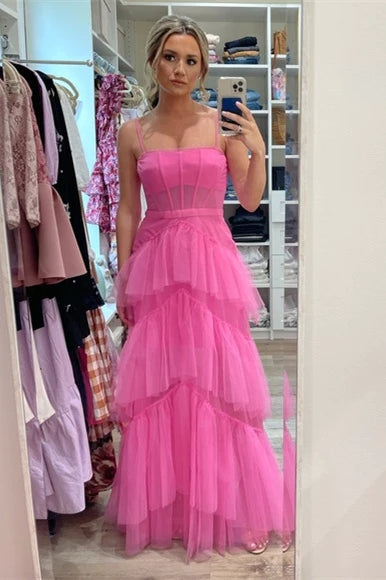 Long Hot Pink Formal Dresses Ruffles