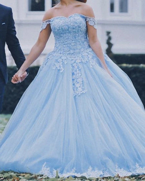 Off the Shoulder Light Blue Lace Ball Gown Quinceanera Dresses ...