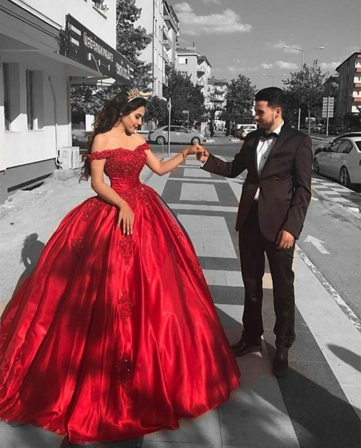 Satin Ball Gown Red Prom Dress